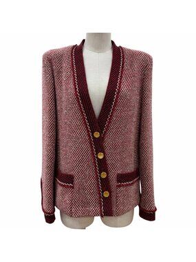 Chanel Boutique Vintage Wool Clover Button Tweed Jacket Red 38